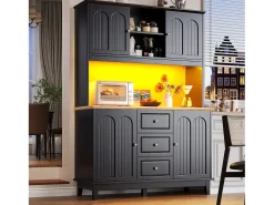 Buffet de cocina 120x40x180 cm - 4 puertas + 3 cajones - mueble alto - con iluminación LED - Estilo moderno - Negro