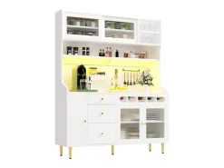 Buffet de cocina 145x39x171 cm - con iluminación LED - 4 puertas de vidrio - 3 cajones - con panel perforado - blanco