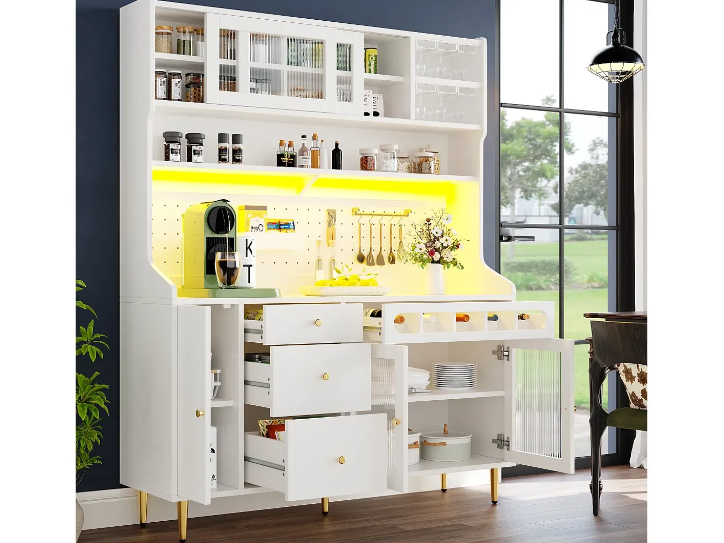 Buffet de cocina 145x39x171 cm - con iluminación LED - 4 puertas de vidrio - 3 cajones - con panel perforado - blanco