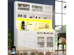 Buffet de cocina 145x39x171 cm - con iluminación LED - 4 puertas de vidrio - 3 cajones - con panel perforado - blanco