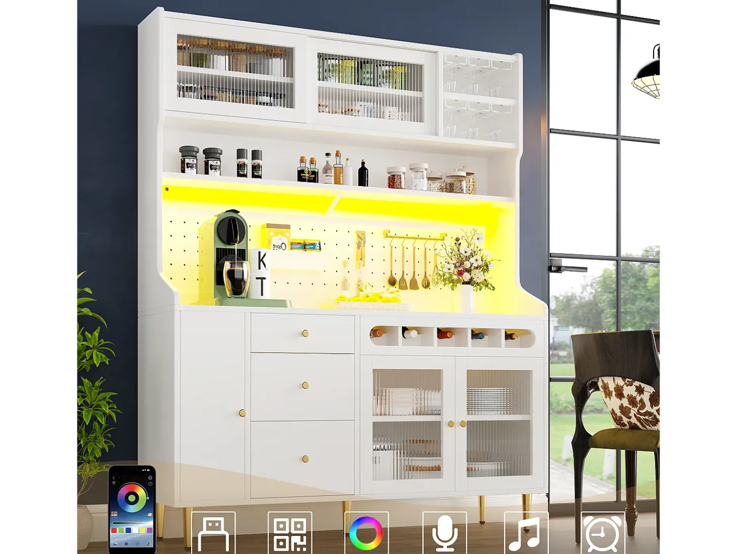 Buffet de cocina 145x39x171 cm - con iluminación LED - 4 puertas de vidrio - 3 cajones - con panel perforado - blanco