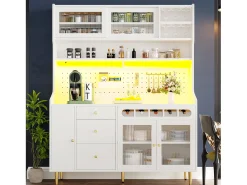 Buffet de cocina 145x39x171 cm - con iluminación LED - 4 puertas de vidrio - 3 cajones - con panel perforado - blanco