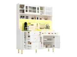Buffet de cocina 145x39x171 cm - con iluminación LED - 4 puertas de vidrio - 3 cajones - con panel perforado - blanco