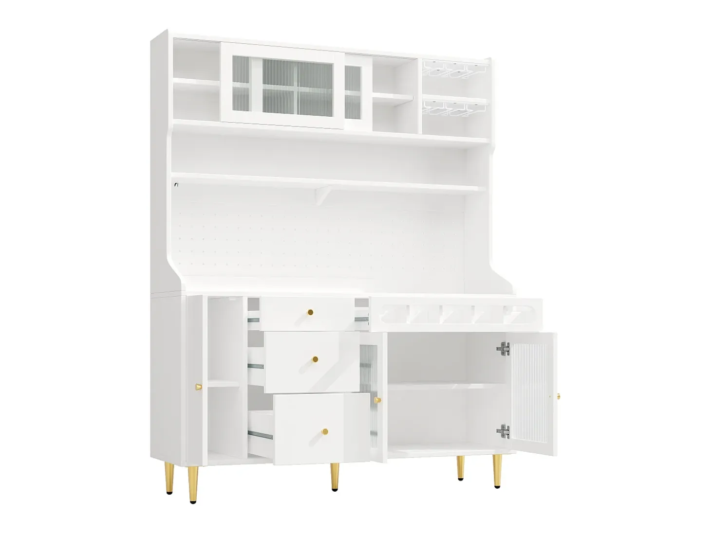Buffet de cocina 145x39x171 cm - con iluminación LED - 4 puertas de vidrio - 3 cajones - con panel perforado - blanco