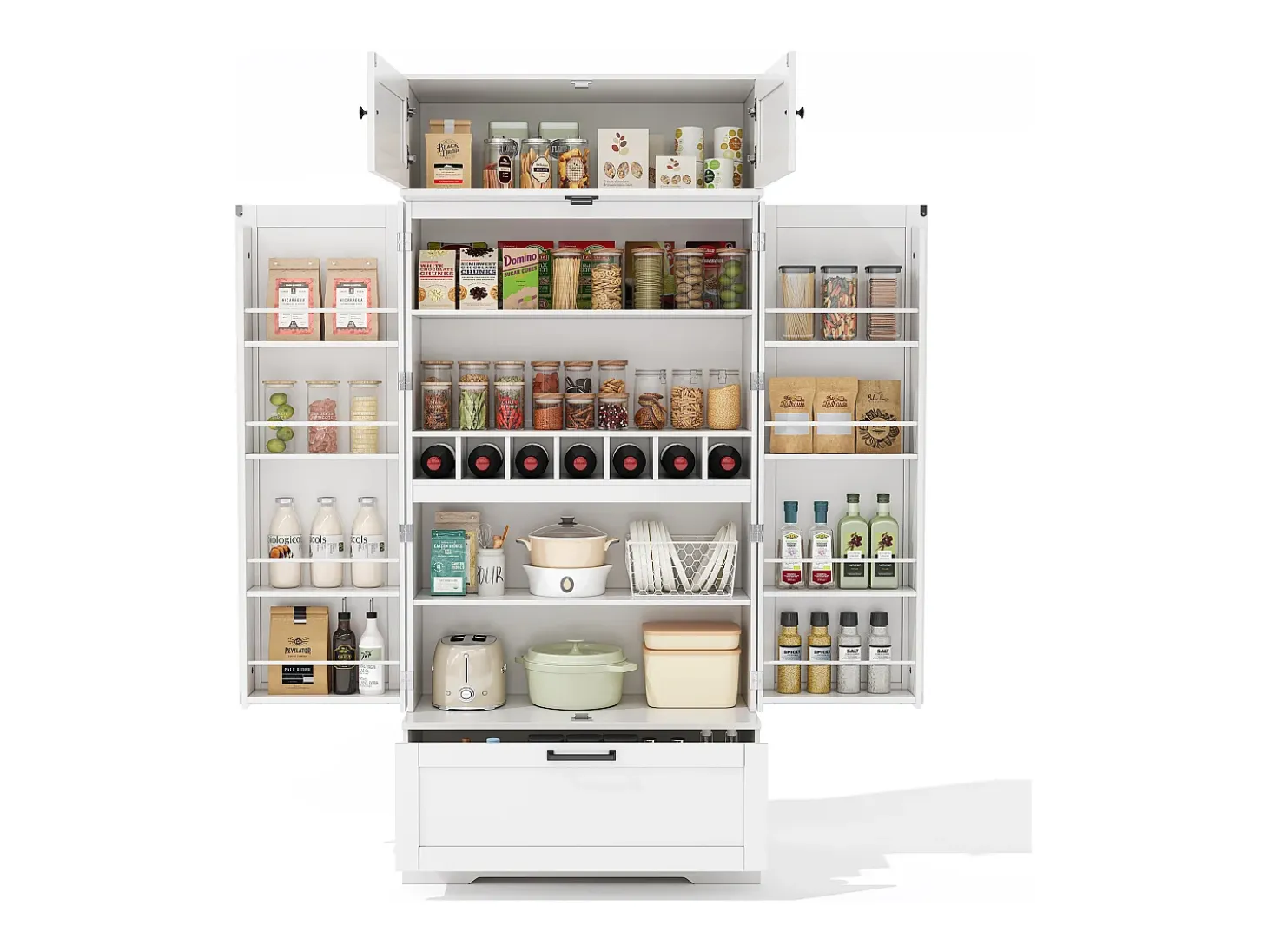 Buffet de cocina 80x40x180 cm - con estantes ajustables y portabotellas - con 1 cajón y 4 puertas - Blanco