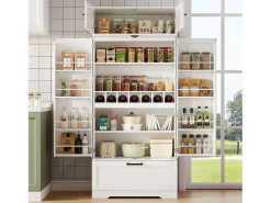 Buffet de cocina 80x40x180 cm - con estantes ajustables y portabotellas - con 1 cajón y 4 puertas - Blanco