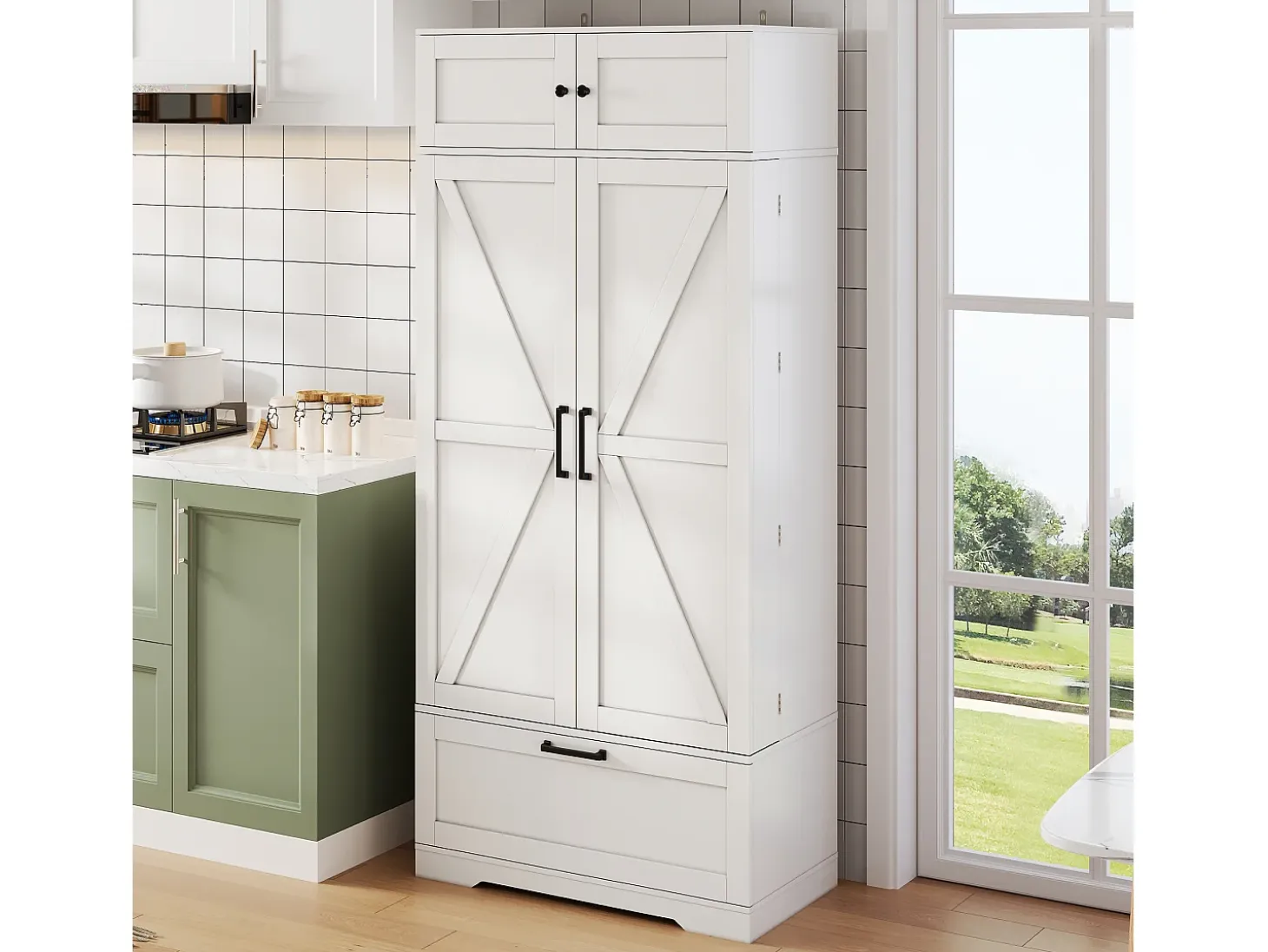 Buffet de cocina 80x40x180 cm - con estantes ajustables y portabotellas - con 1 cajón y 4 puertas - Blanco