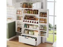 Buffet de cocina 80x40x180 cm - con estantes ajustables y portabotellas - con 1 cajón y 4 puertas - Blanco