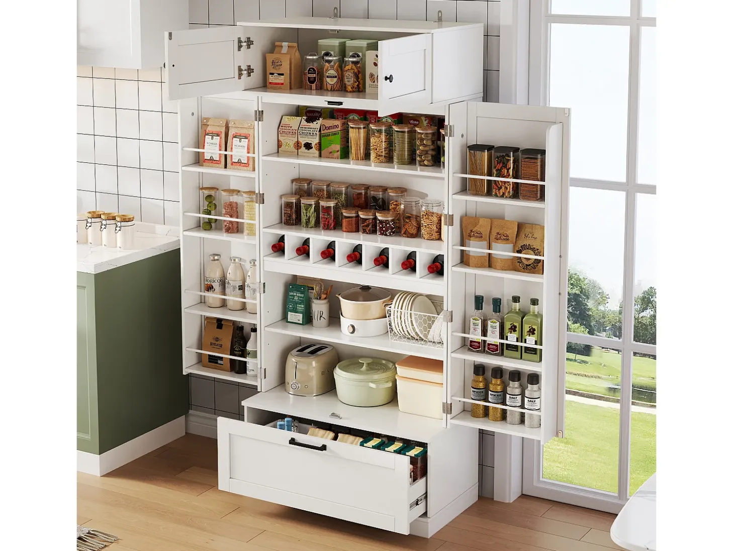 Buffet de cocina 80x40x180 cm - con estantes ajustables y portabotellas - con 1 cajón y 4 puertas - Blanco
