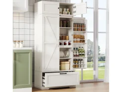 Buffet de cocina 80x40x180 cm - con estantes ajustables y portabotellas - con 1 cajón y 4 puertas - Blanco