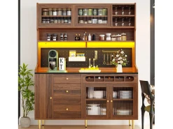 Buffet de cocina 145x39x171 cm - con iluminación LED - 4 puertas de vidrio - 3 cajones - con panel perforado - Marrón
