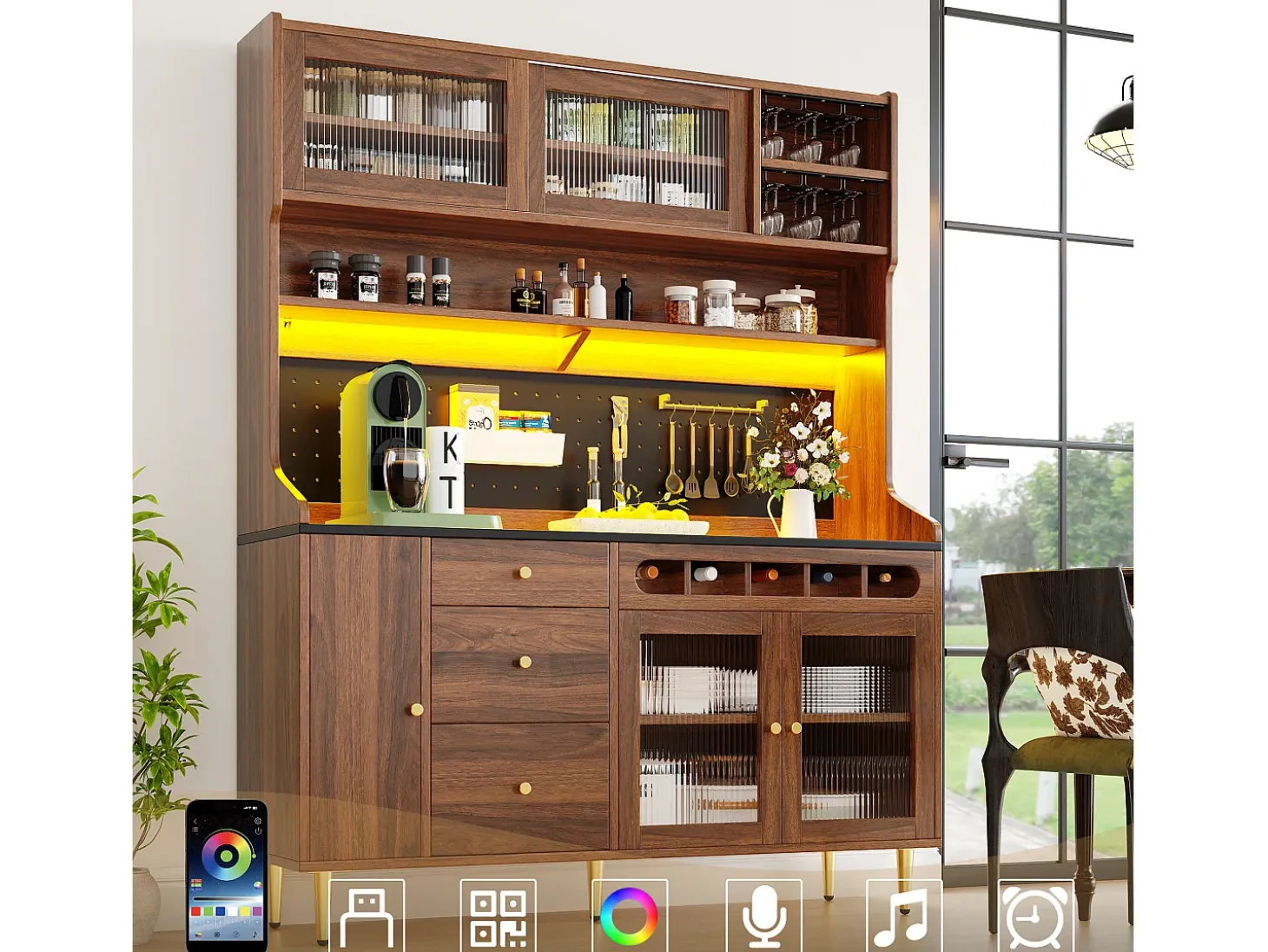 Buffet de cocina 145x39x171 cm - con iluminación LED - 4 puertas de vidrio - 3 cajones - con panel perforado - Marrón