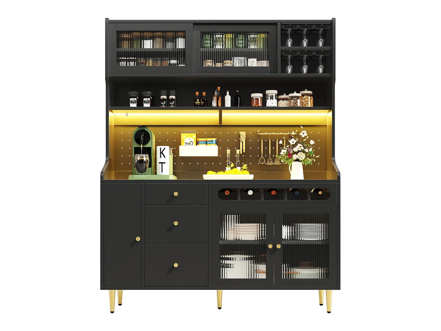 Buffet de cocina 145x39x171 cm - con iluminación LED - 4 puertas de vidrio - 3 cajones - con panel perforado - negro