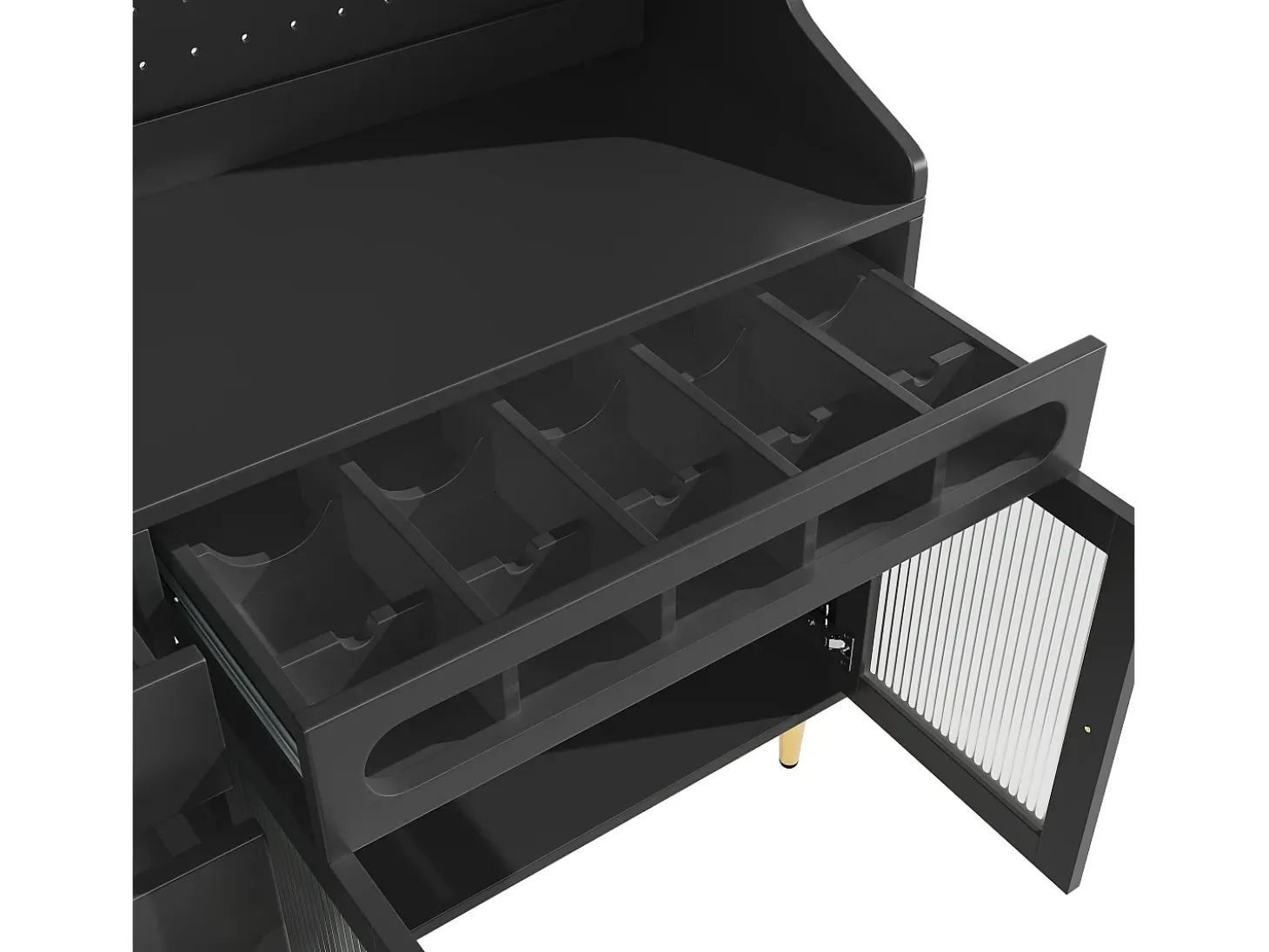 Buffet de cocina 145x39x171 cm - con iluminación LED - 4 puertas de vidrio - 3 cajones - con panel perforado - negro