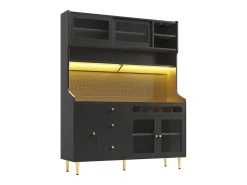 Buffet de cocina 145x39x171 cm - con iluminación LED - 4 puertas de vidrio - 3 cajones - con panel perforado - negro