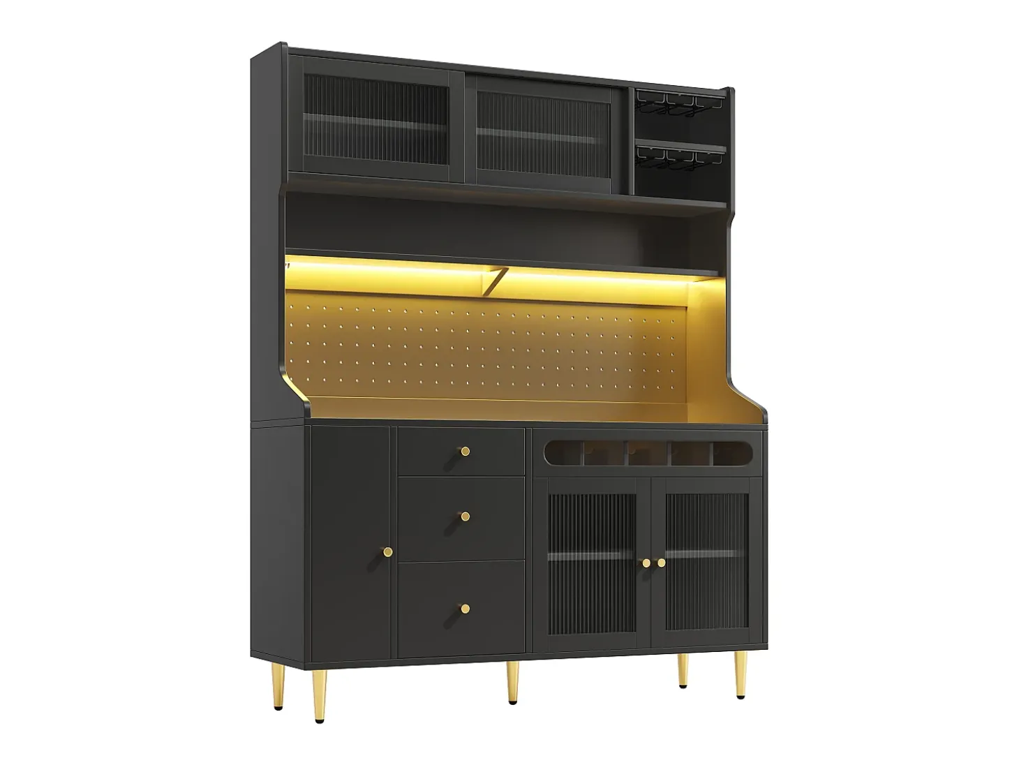 Buffet de cocina 145x39x171 cm - con iluminación LED - 4 puertas de vidrio - 3 cajones - con panel perforado - negro