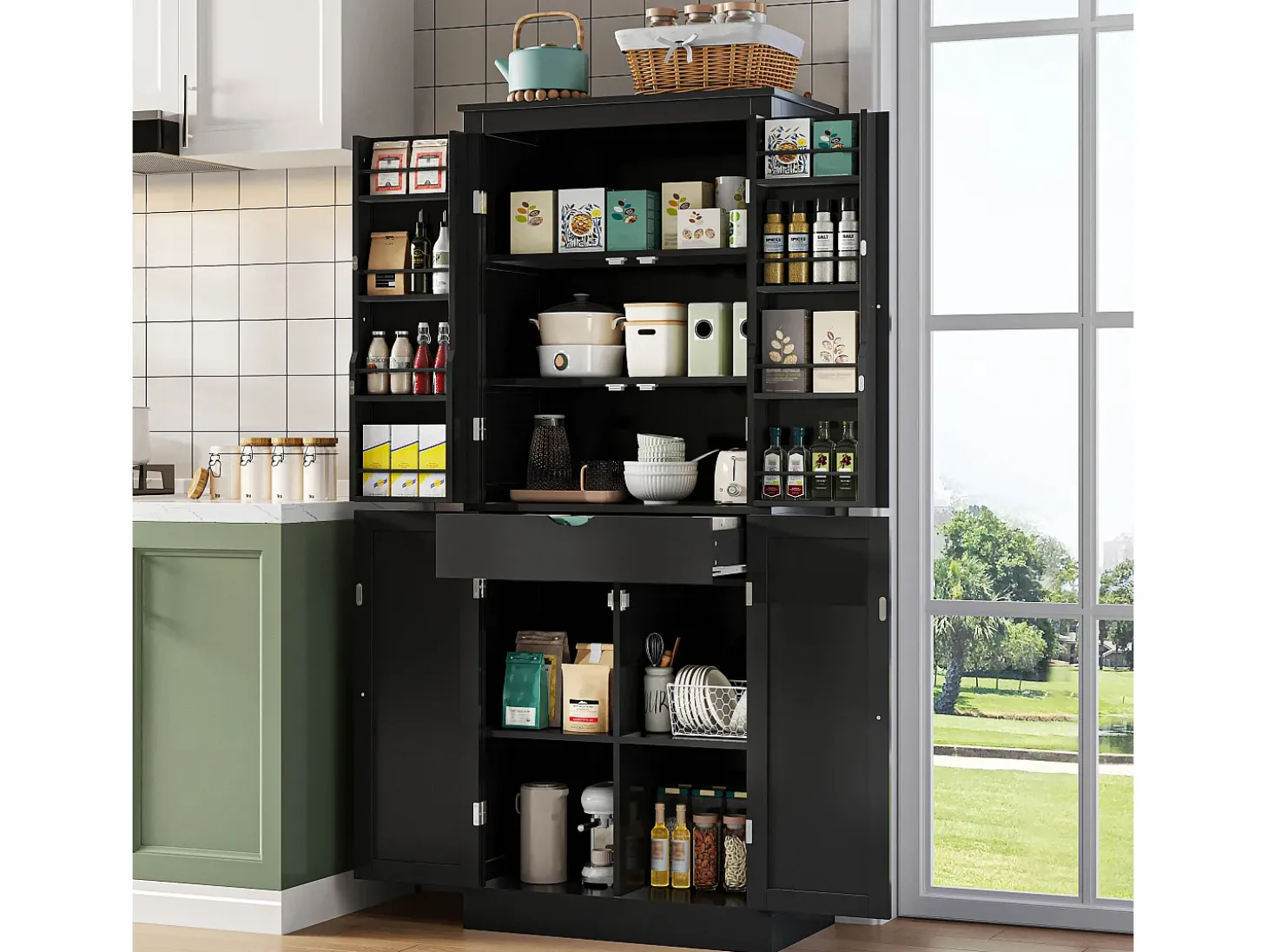 Buffet de cocina 75x40x180cm - 2 puertas de almacenamiento con estantes - 1 cajón y compartimento de almacenamiento - Negro