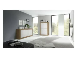 Buffet de diseño con 4 puertas de madera, colección ACCESS. Colores blanco y roble oscuro.