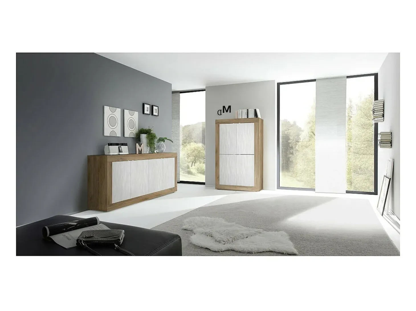 Buffet de diseño con 4 puertas de madera, colección ACCESS. Colores blanco y roble oscuro.