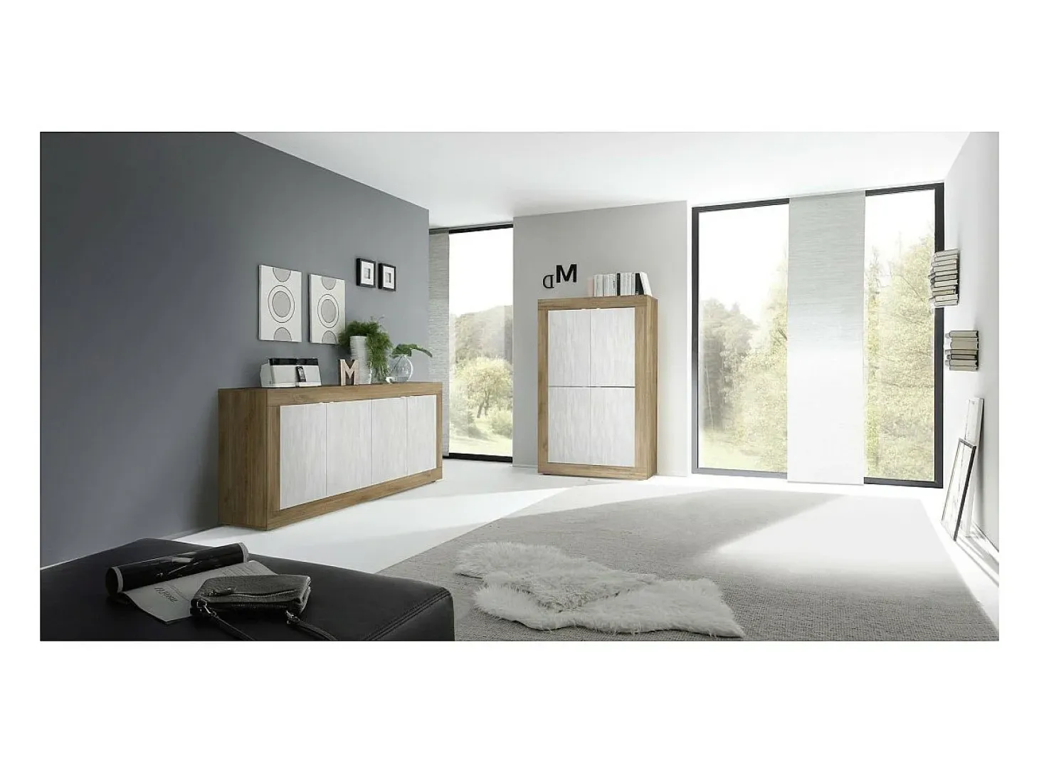 Buffet de diseño con 4 puertas de madera, colección ACCESS. Colores blanco y roble oscuro.