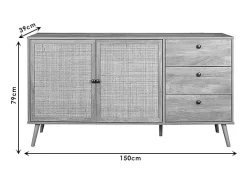 Buffet de Ratán Negro Natural con 3 Cajones y 2 Puertas - 150x39x79 cm - Elegante Almacenamiento para Salón.