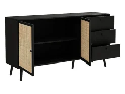 Buffet de Ratán Negro Natural con 3 Cajones y 2 Puertas - 150x39x79 cm - Elegante Almacenamiento para Salón.