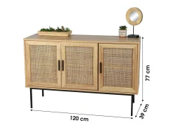 Buffet de tres puertas en yute – Estilo rústico, color roble claro, dimensiones 120x39x75 cm – Colección SAVORY