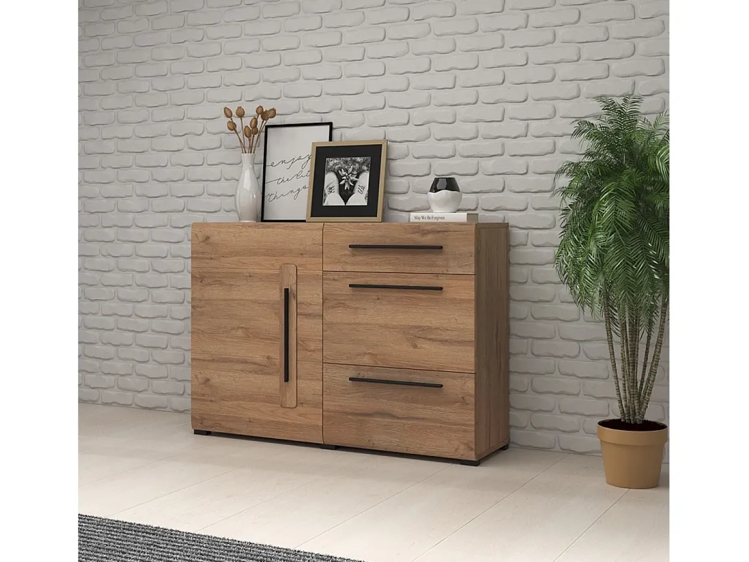 Buffet diseño 120cm. Colección BREDA una puerta y tres cajones. Color roble.