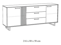 Buffet diseño 220cm con 2 puertas y 3 cajones para salón color roble claro colección LOFT patas de metal