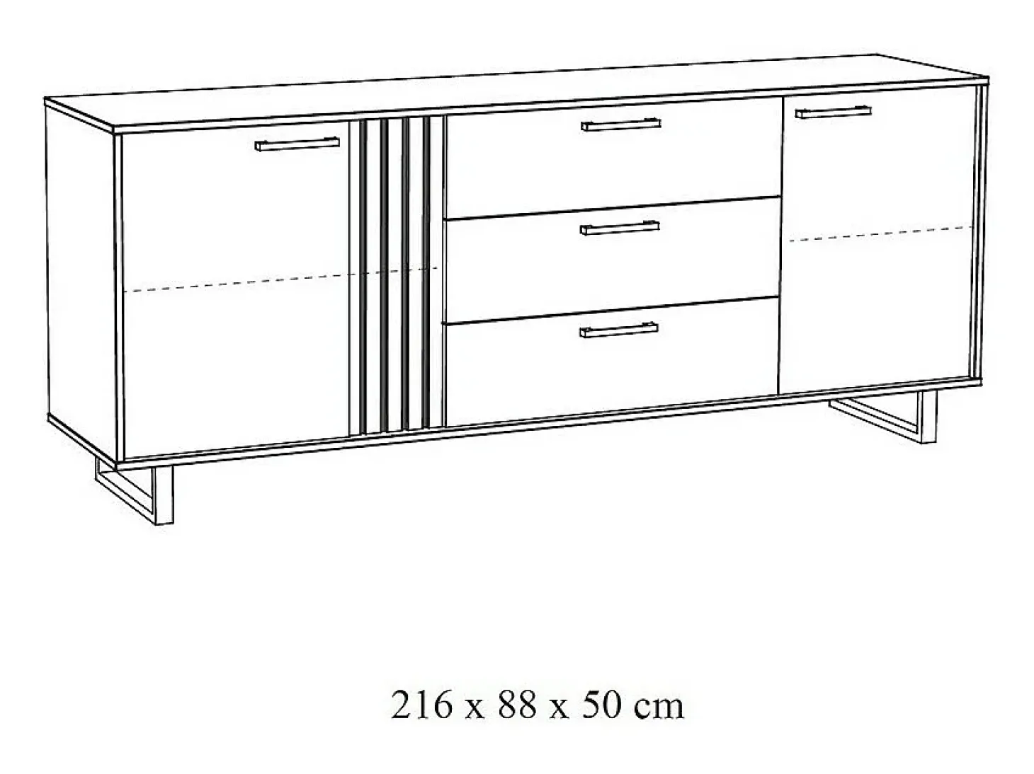 Buffet diseño 220cm con 2 puertas y 3 cajones para salón color roble claro colección LOFT patas de metal