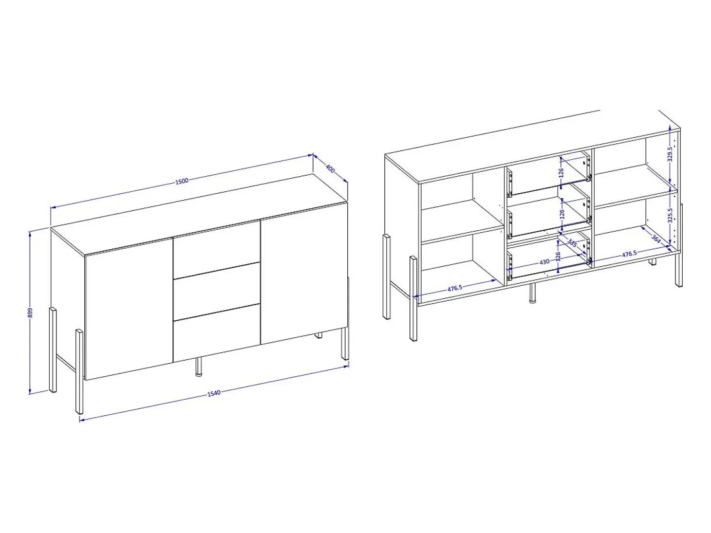 Buffet diseño colección SALMA - 2 puertas & 3 cajones – Blanco super mate & negro mate