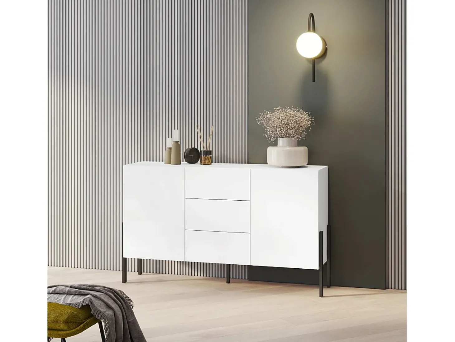 Buffet diseño colección SALMA - 2 puertas & 3 cajones – Blanco super mate & negro mate