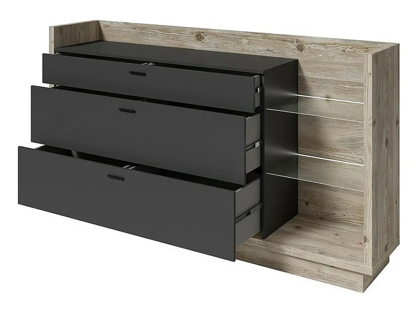 Buffet diseño XL 200cm. Colección CORK 3 cajones y estantes. Colores pino y gris antracita