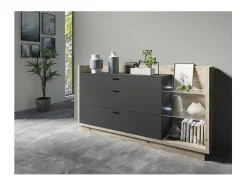 Buffet diseño XL 200cm. Colección CORK 3 cajones y estantes. Colores pino y gris antracita