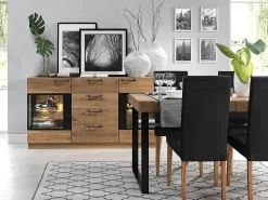 Buffet en madera de roble miel y acero negro 2 puertas 4 cajones Mazora 170 cm