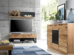 Buffet en madera de roble miel y acero negro 3 puertas Mazora 150 cm