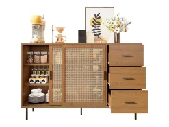 Buffet estilo rústico 140×37×91 cm - con 2 puertas correderas y 3 cajones - patas de metal - panel de partículas - natural