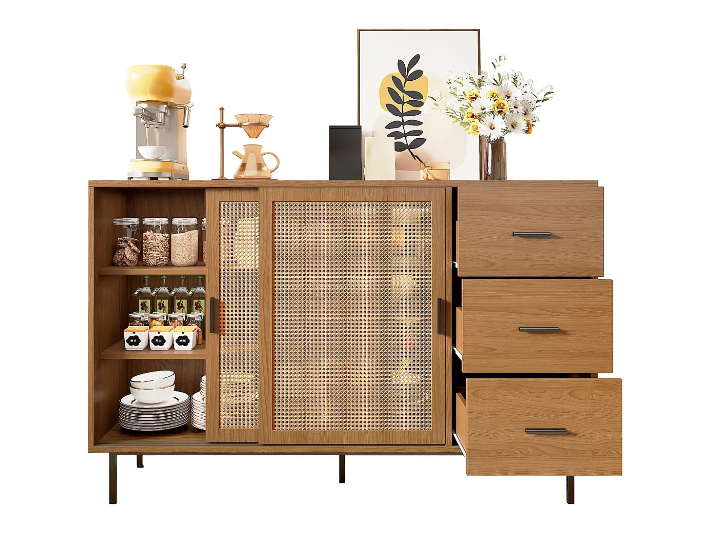 Buffet estilo rústico 140×37×91 cm - con 2 puertas correderas y 3 cajones - patas de metal - panel de partículas - natural