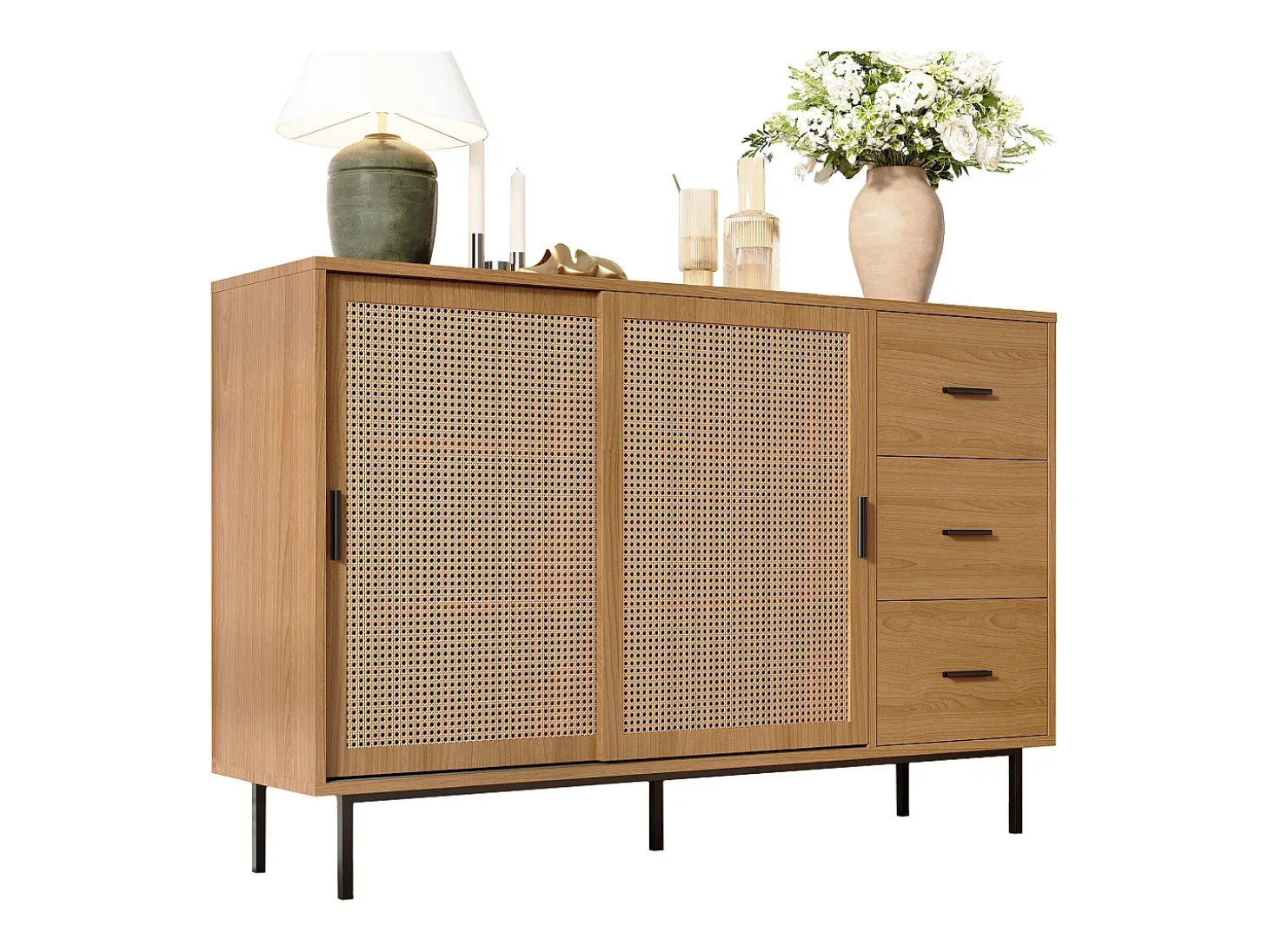 Buffet estilo rústico 140×37×91 cm - con 2 puertas correderas y 3 cajones - patas de metal - panel de partículas - natural