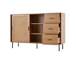 Buffet estilo rústico 140×37×91 cm - con 2 puertas correderas y 3 cajones - patas de metal - panel de partículas - natural