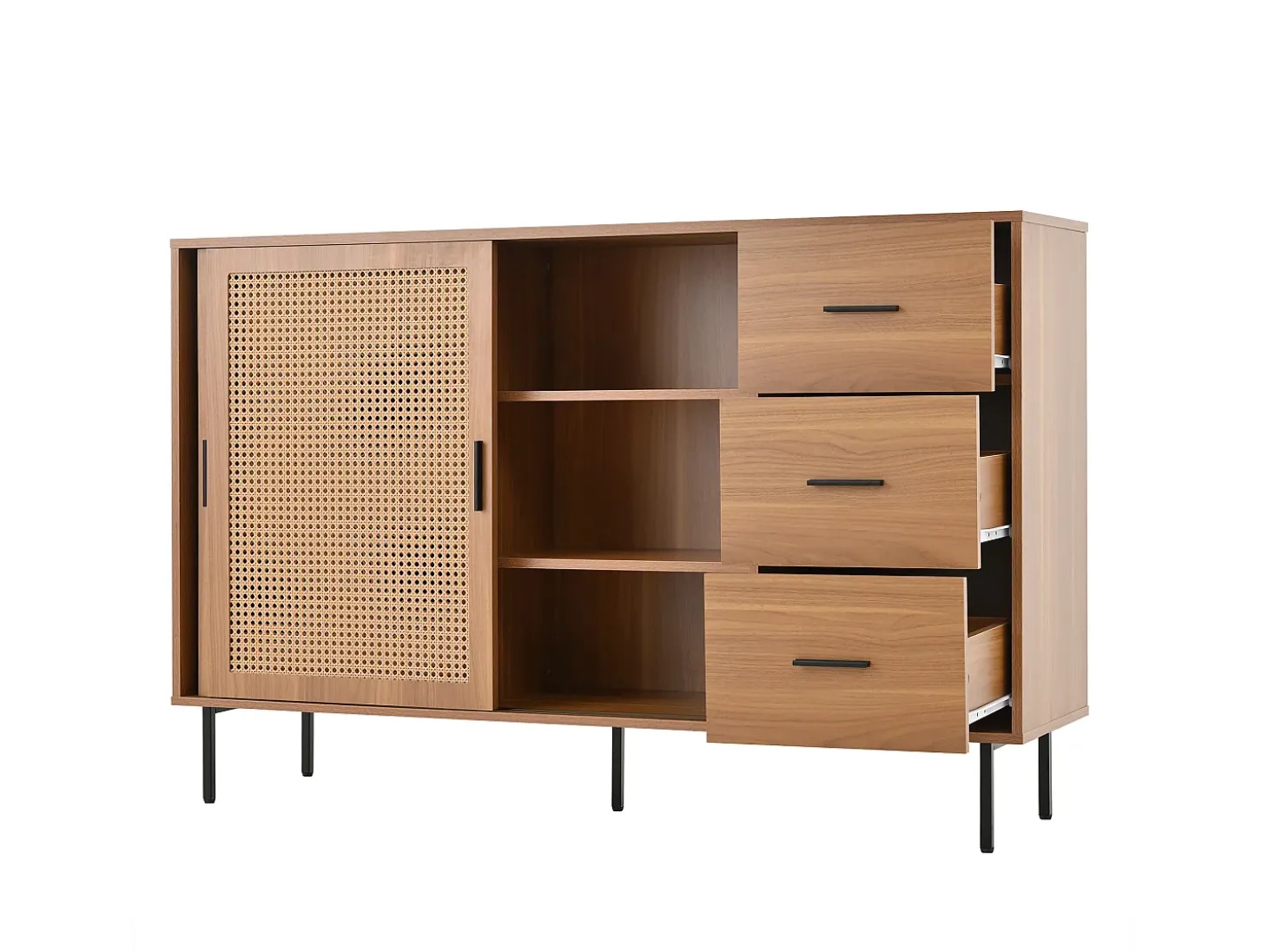 Buffet estilo rústico 140×37×91 cm - con 2 puertas correderas y 3 cajones - patas de metal - panel de partículas - natural