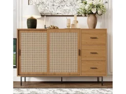 Buffet estilo rústico 140×37×91 cm - con 2 puertas correderas y 3 cajones - patas de metal - panel de partículas - natural