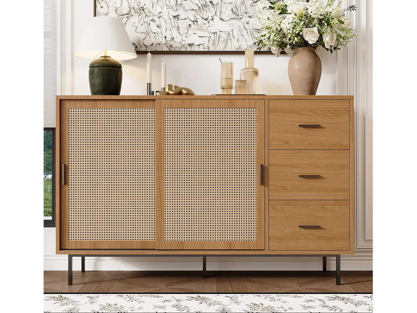 Buffet estilo rústico 140×37×91 cm - con 2 puertas correderas y 3 cajones - patas de metal - panel de partículas - natural
