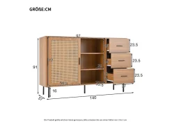 Buffet estilo rústico 140×37×91 cm - con 2 puertas correderas y 3 cajones - patas de metal - panel de partículas - natural