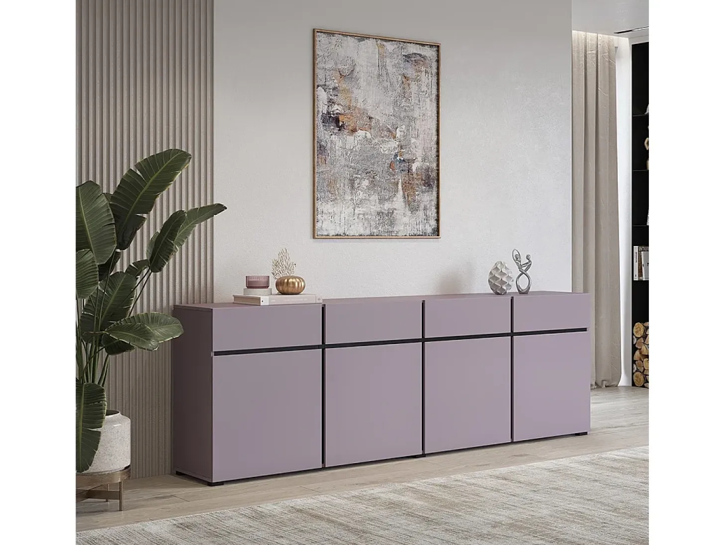 Buffet HAVANA 225 cm – Violeta pastel y negro – 4 puertas, 4 cajones – Diseño moderno