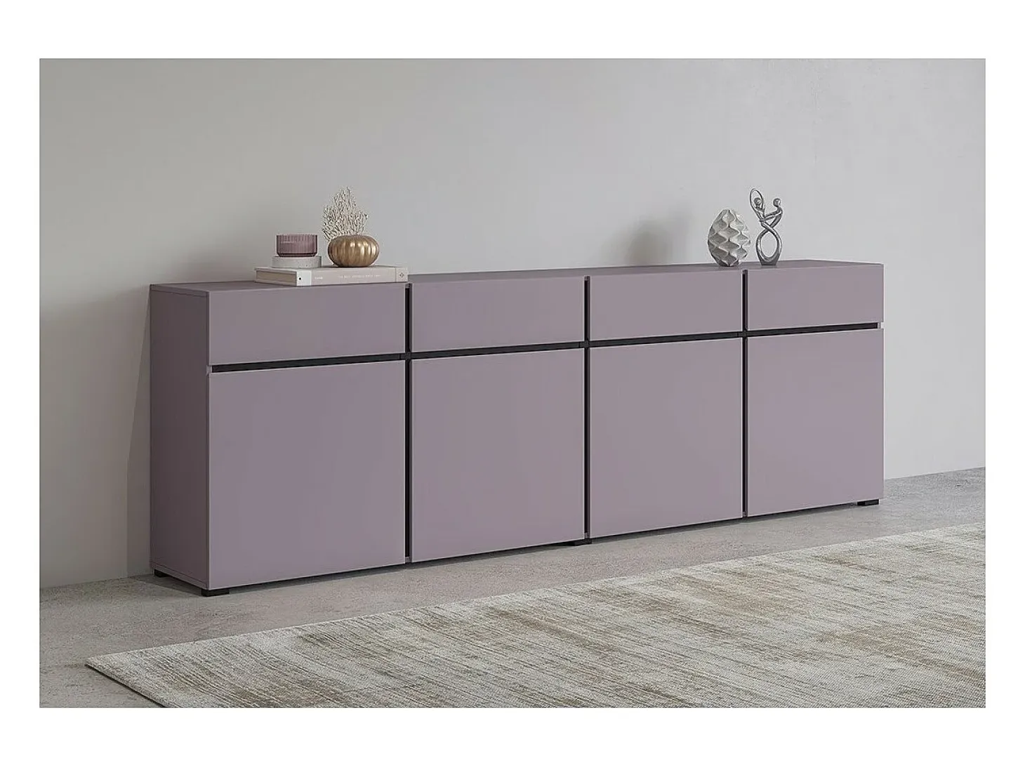 Buffet HAVANA 225 cm – Violeta pastel y negro – 4 puertas, 4 cajones – Diseño moderno