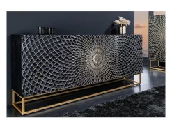 Buffet KOSMOS 180 cm – Madera maciza negra tallada en 3D – Patas de metal dorado