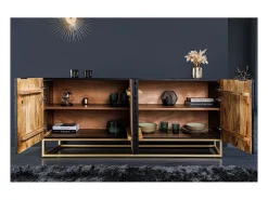 Buffet KOSMOS 180 cm – Madera maciza negra tallada en 3D – Patas de metal dorado