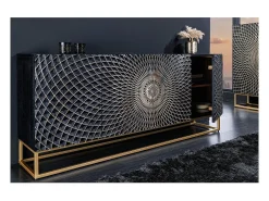 Buffet KOSMOS 180 cm – Madera maciza negra tallada en 3D – Patas de metal dorado