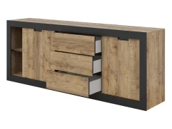 Buffet MEUNIER – 2 puertas correderas & 3 cajones – Roble Samdal & negro mate – 220×85×45 cm